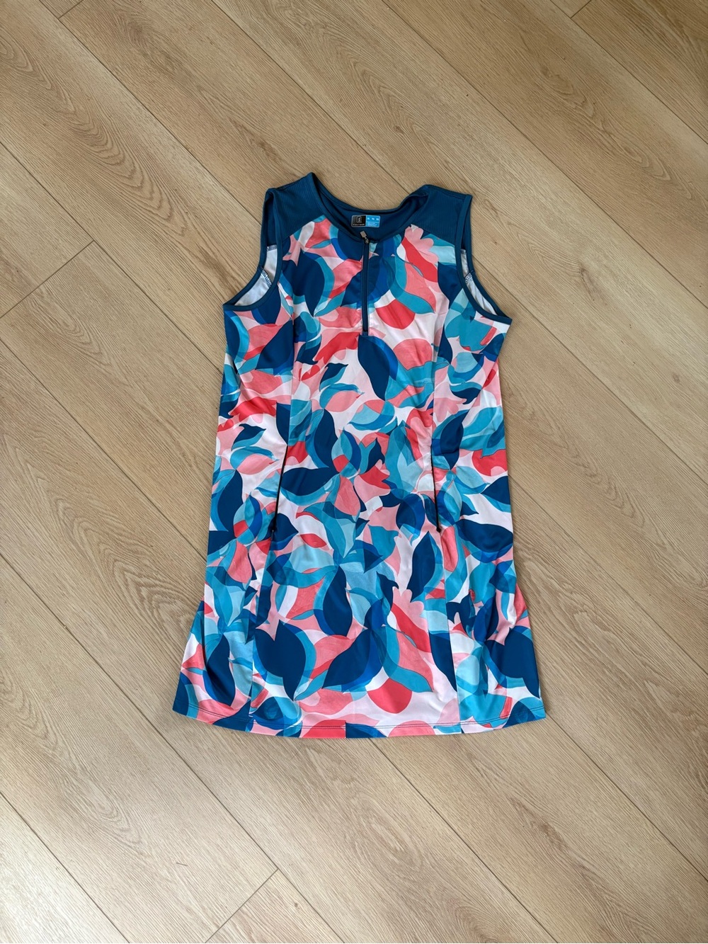 PGA Tour Woman’s Sleeveless Leaf-Print Dress in Navy, Pink & Teal